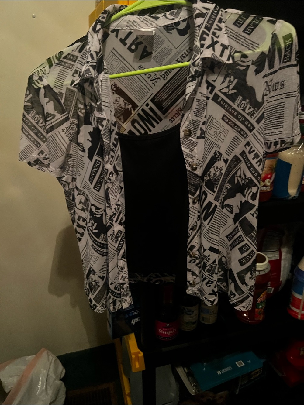 SO Women's Black and White Newspaper Print Button Down Top
